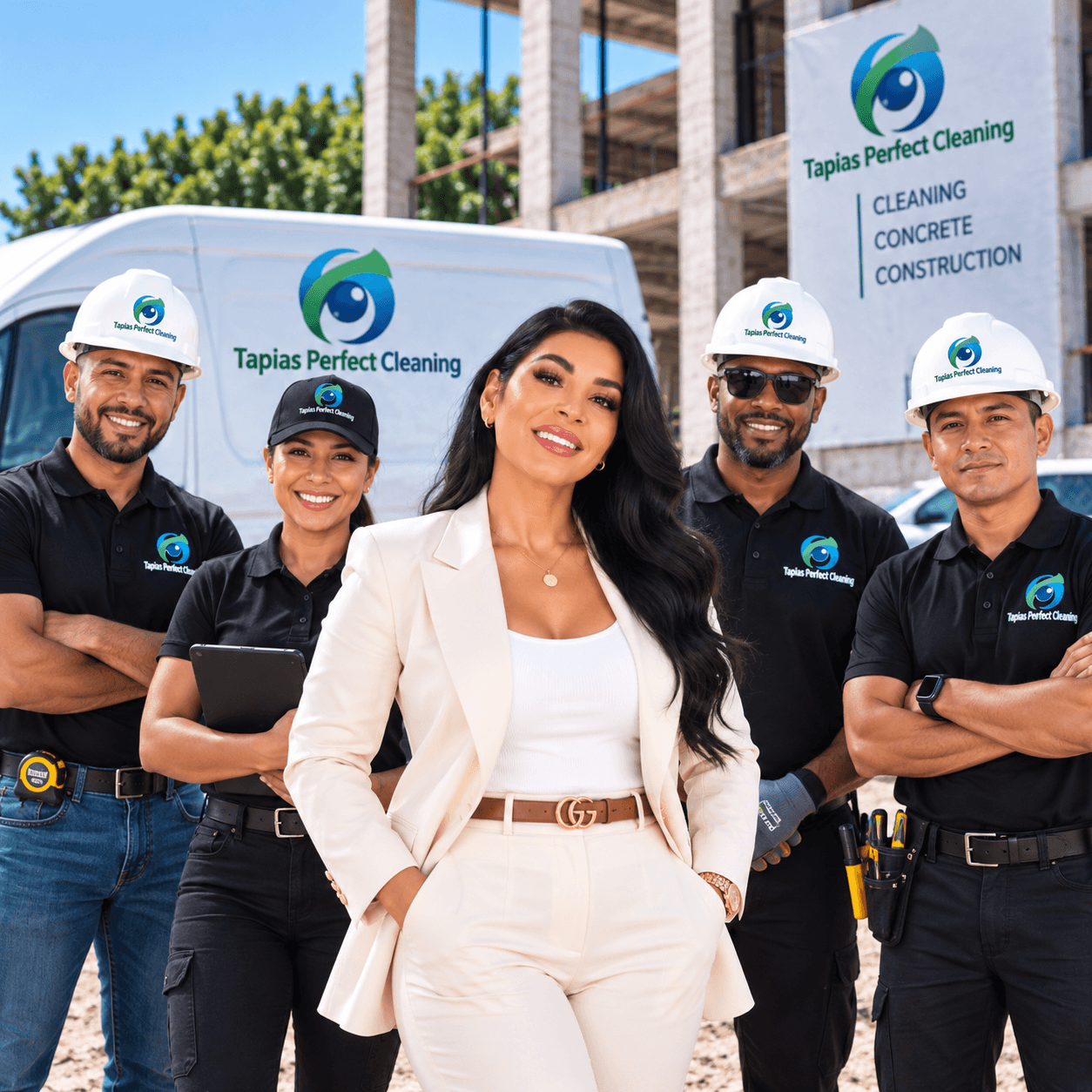 Woman in white suit leads her professional cleaning and construction crew at a job site.
