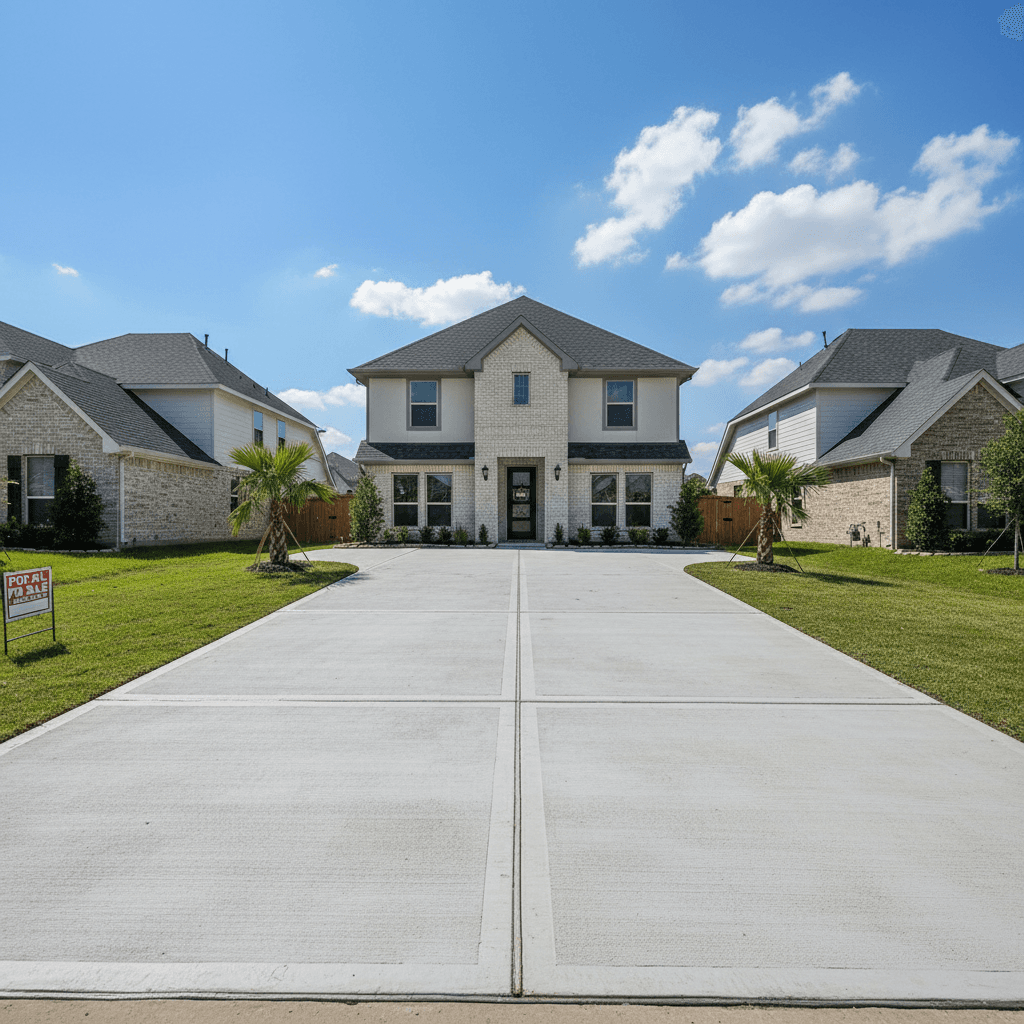 Crisp daylight wide shot of a newly finished concrete driveway with clean expansion joints leading to a suburban Houston home