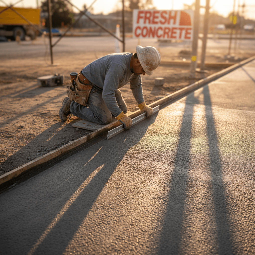 Overhead golden hour shot of a worker edging a fresh concrete sidewalk form, smooth wet concrete surface with visible texture