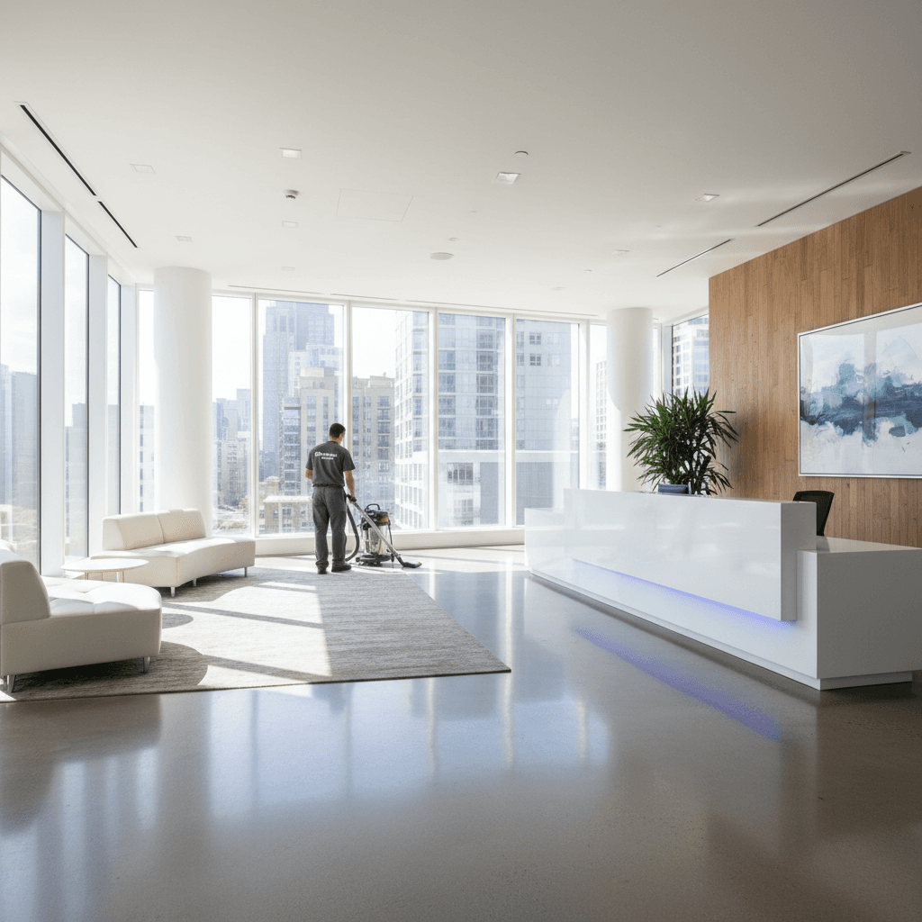 Clean bright wide shot of an empty modern office lobby with gleaming floors and a professional cleaner vacuuming in the background