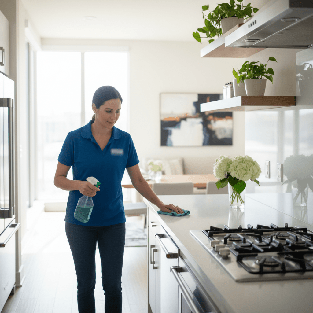 Professional cleaner wiping a kitchen counter in a bright modern home
