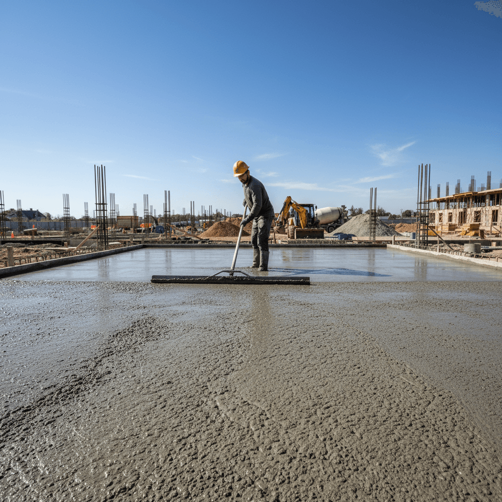 Strong daylight wide shot of freshly poured concrete slab being smoothed with a bull float by a worker, raw industrial atmosphere