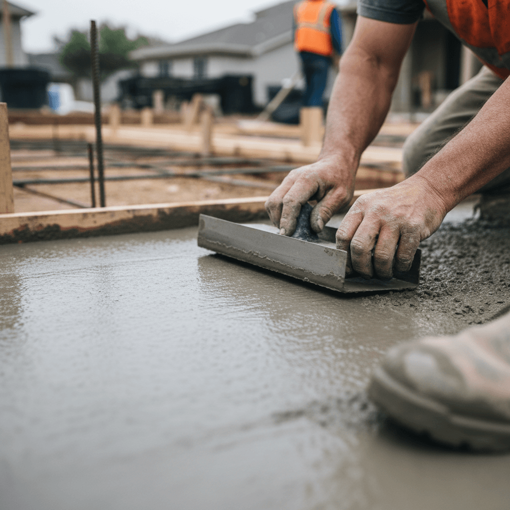 Contractor's hands smoothing fresh concrete with steel trowel on residential foundation project