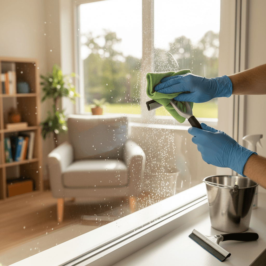 Close-up of technician's hands using squeegee and microfiber cloth to achieve streak-free window finish